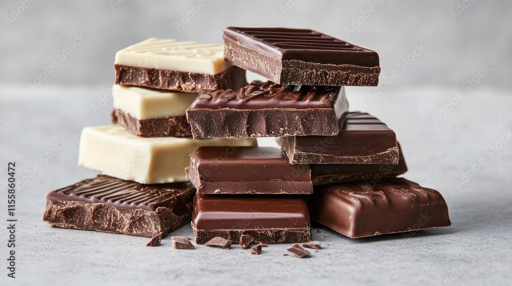 Poster assorted chocolate bars and pieces stacked on a stone surface showcasing a variety of textures and c