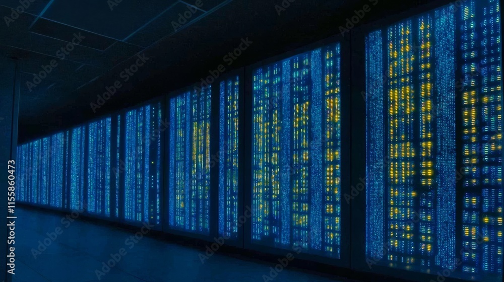 Poster visual projection of internet connections displayed in a corridor of a busy data center filled with 
