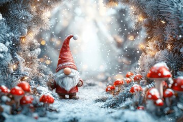 Charming Festive Gnome in Winter Wonderland: A Magical Scene of Snowy Trees, Mushrooms, and Sparkling Lights Creating a Cozy Christmas Atmosphere