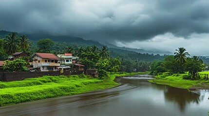 Obraz premium Serene River Valley: A picturesque view of a tranquil river winding through a lush green valley, with houses nestled amidst palm trees and dramatic storm clouds overhead.
