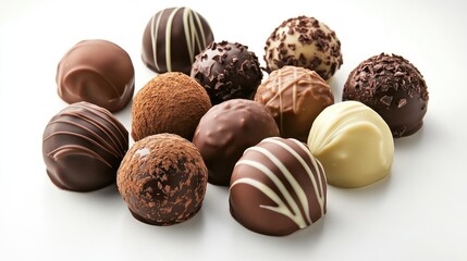 Assorted gourmet chocolate truffles with varied coatings including cocoa powder and drizzled chocolate on a white background