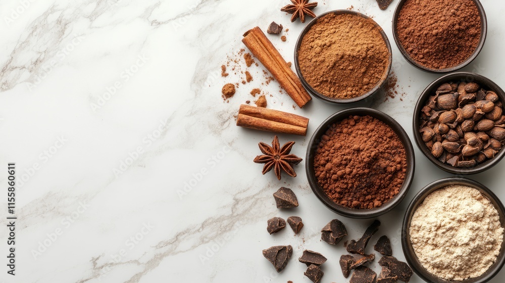 Poster assorted cocoa powders spices and dark chocolate pieces on a marble countertop for culinary and baki