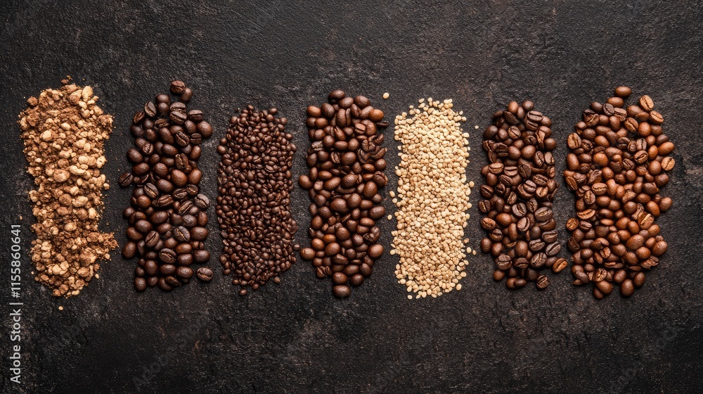 Poster assorted coffee beans and grains arranged in lines on a dark textured background capturing a rich co