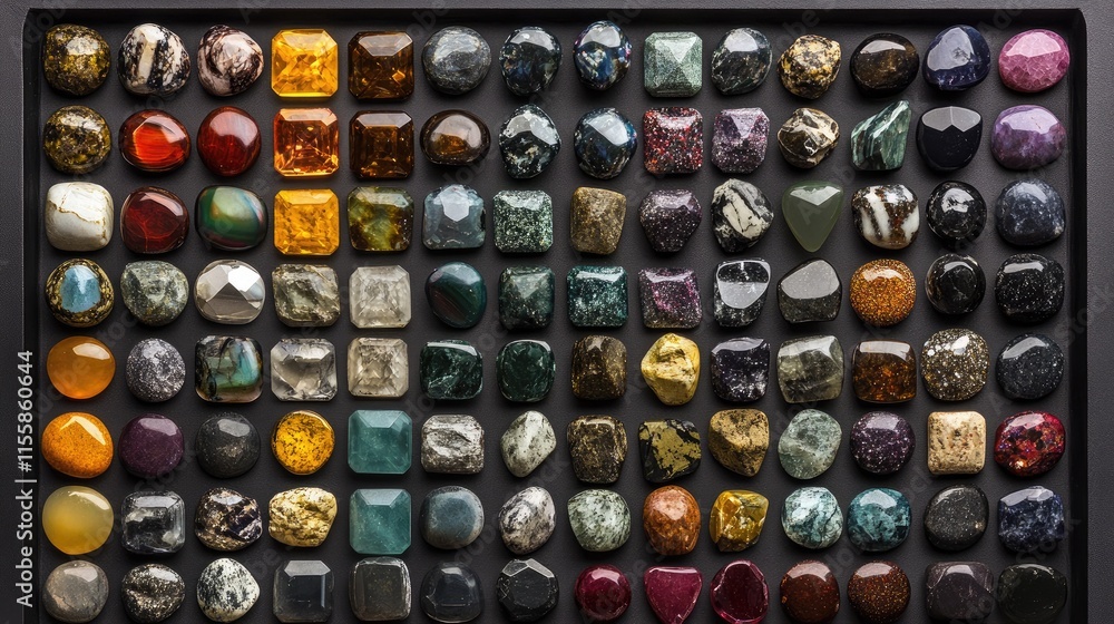 Poster assorted collection of colorful gemstones displayed in organized rows showcasing diverse shapes and 