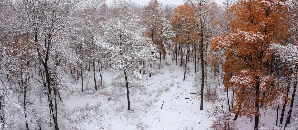 Poster aerial view of a snowy winter forest showcasing vibrant autumn trees and ample space for text and de
