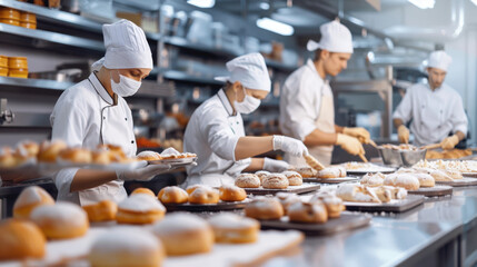 clean and organized bakery production line with chefs preparing pastries