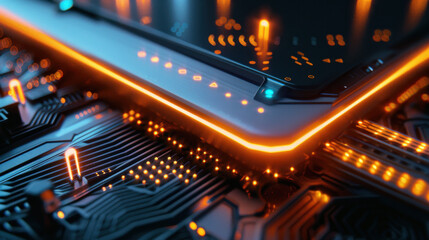 Obraz premium close up of sleek circuit board with glowing orange lights and intricate details