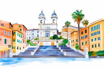 A delicate watercolor illustration of the Spanish Steps in Rome, showcasing warm-colored buildings, green palm trees, and the famous Trinità dei Monti church in the background.