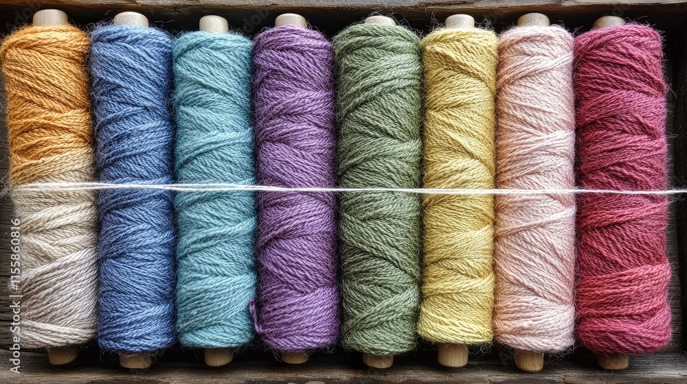 Poster colorful assortment of woolen thread spools arranged neatly in a wooden box showcasing various paste