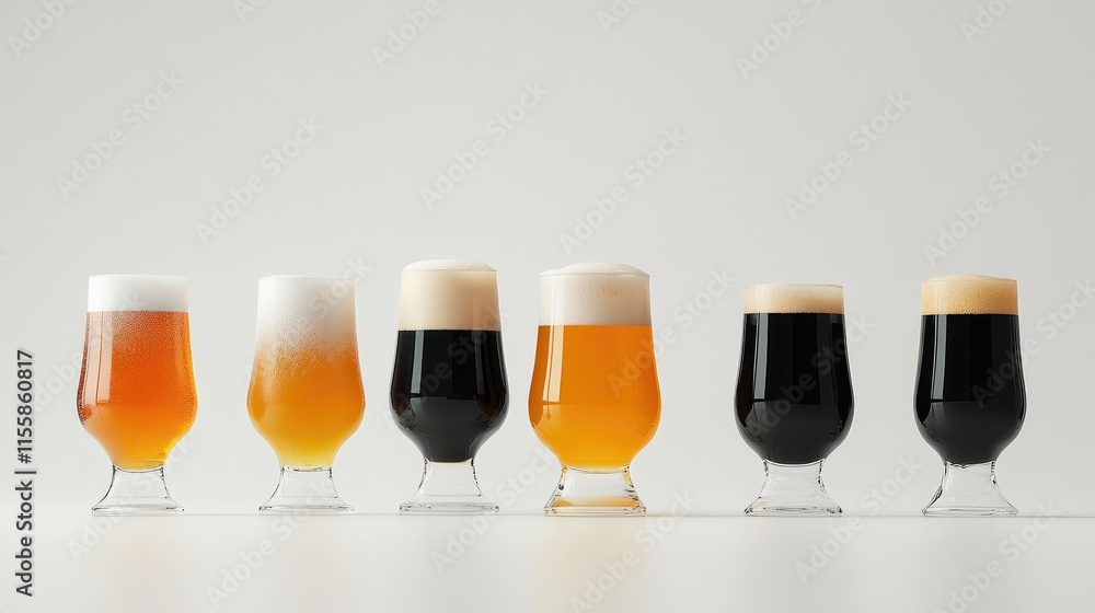 Poster craft beers in various styles displayed in elegant glasses on a minimalist background showcasing ric