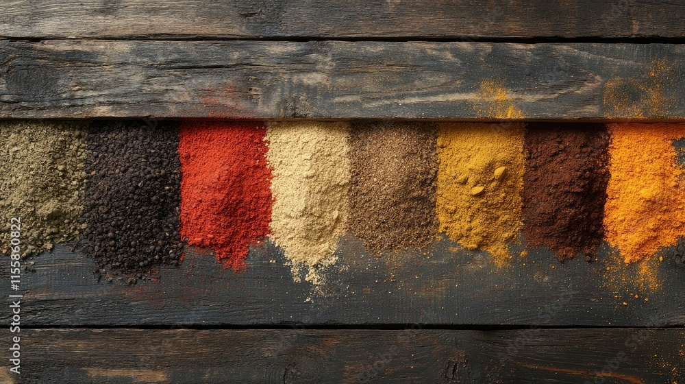 Poster colorful array of assorted spices arranged on rustic wooden background showcasing vibrant colors and