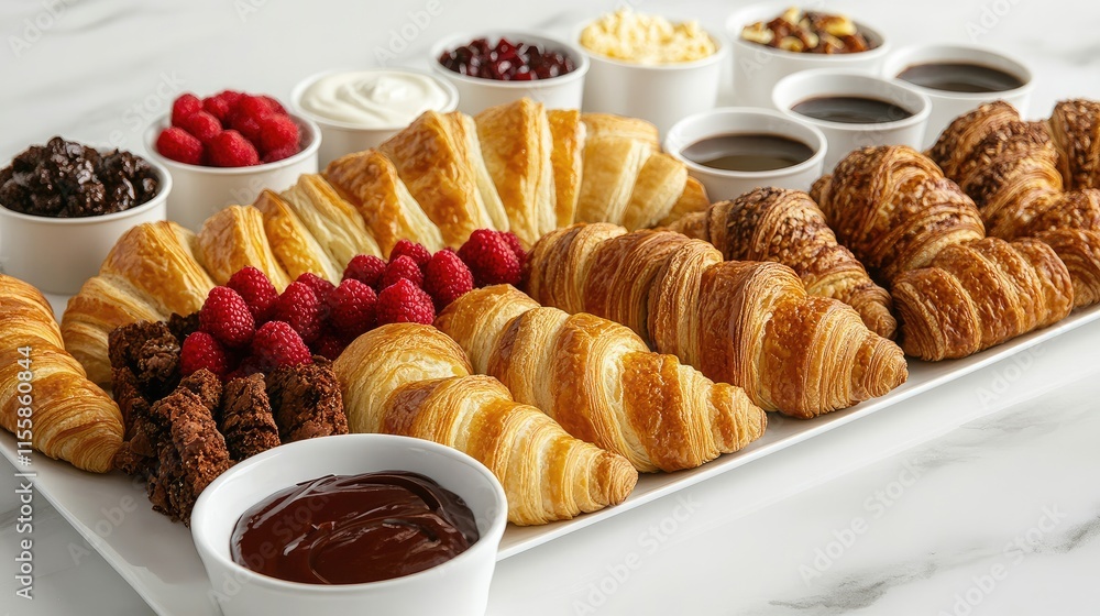 Poster assorted delicious croissants with various spreads and coffee neatly arranged on a marble table for 