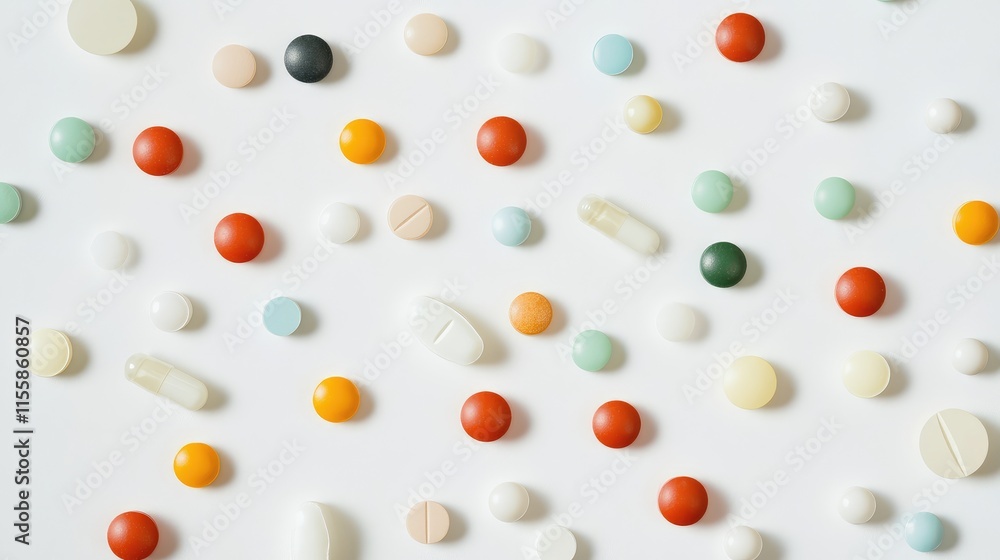 Wall mural Colorful assorted pills and capsules scattered on a white background showcasing a variety of pharmaceutical components in high angle view