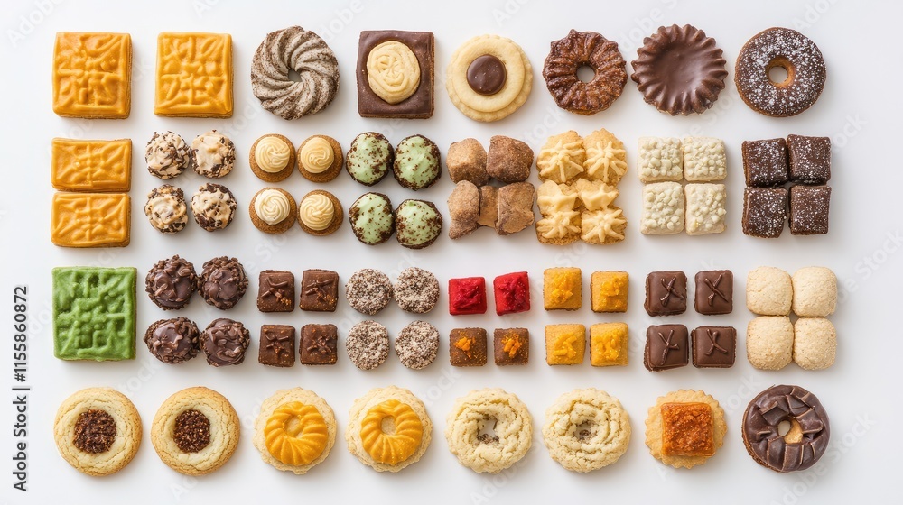Poster assorted delicious cookies and biscuits arranged neatly on a white background showcasing variety and