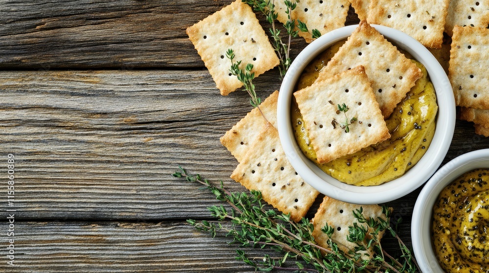 Poster assorted crackers with herbs and mustard dips on rustic wooden table showcasing culinary presentatio
