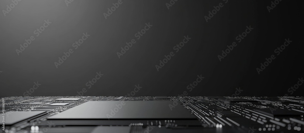 Poster 3d illustration of circuit chip cpu processor with blank space for text or branding in modern techno