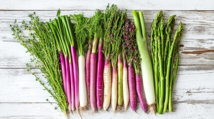 Assorted vibrant spring vegetables with fresh herbs on rustic wooden background promoting healthy vegan diet and culinary creativity