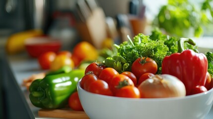 Assorted fresh vegetables in a white ceramic bowl with a blurred kitchen background capturing vibrant colors and textures of ingredients.