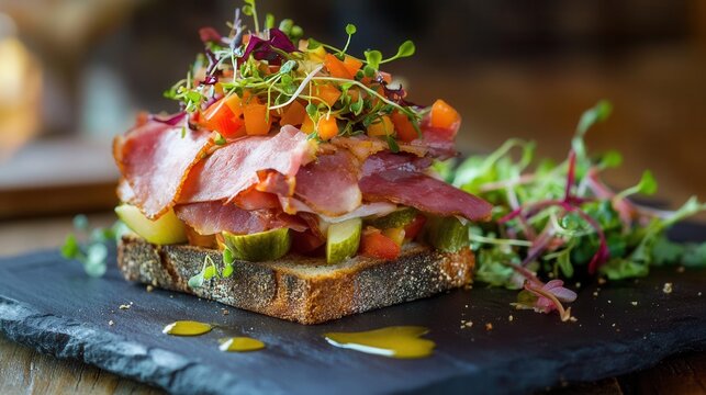 gourmet artisanal sandwich creation fresh layered deli ham with crisp garden vegetables, artisan bread, and vibrant microgreens styled for contemporary food photography