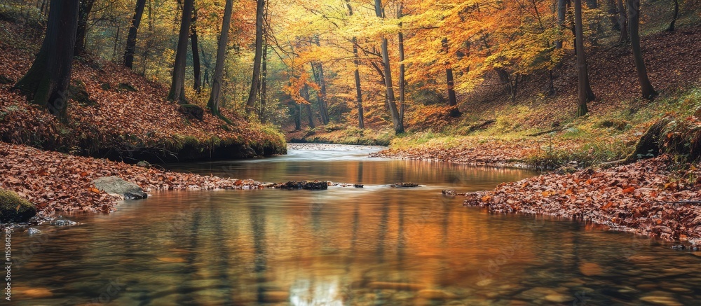 Poster tranquil autumn forest stream surrounded by colorful trees reflecting in clear water with space for 