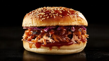 gourmet pulled pork sandwich with smoky bbq sauce, crispy coleslaw, and caramelized onions on artisanal brioche bun, professional food photography