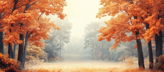 Autumn forest scene with vibrant orange foliage and serene atmosphere ideal for text overlay or nature-inspired projects.