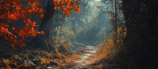 Autumn forest trail illuminated by sunlight with colorful foliage and ample space for text overlay