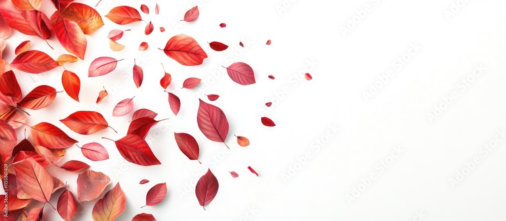 Poster autumn leaves cascading on a white background creating a serene scene with ample space for text or m