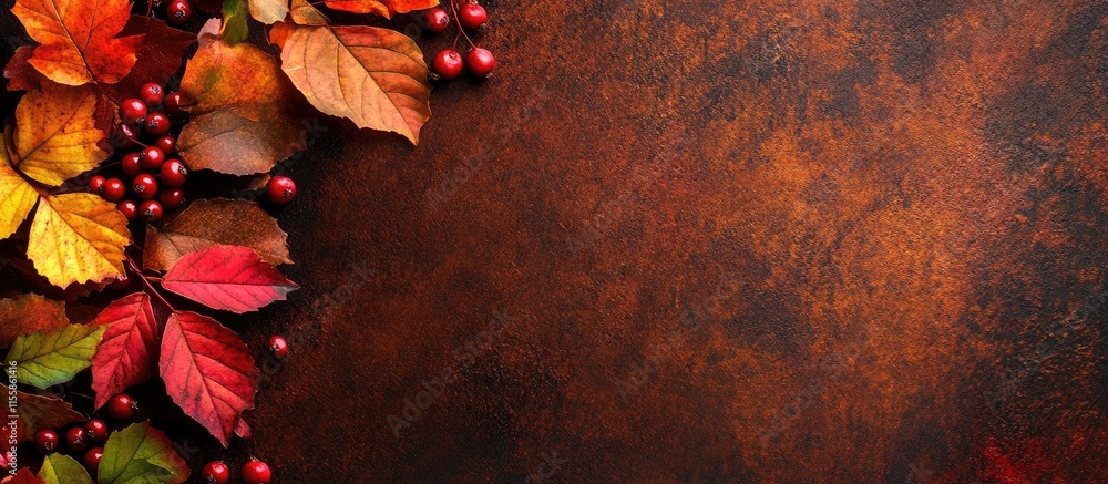 Aufkleber autumn leaves and berries on rustic tabletop with empty space for seasonal text or messages ideal fo