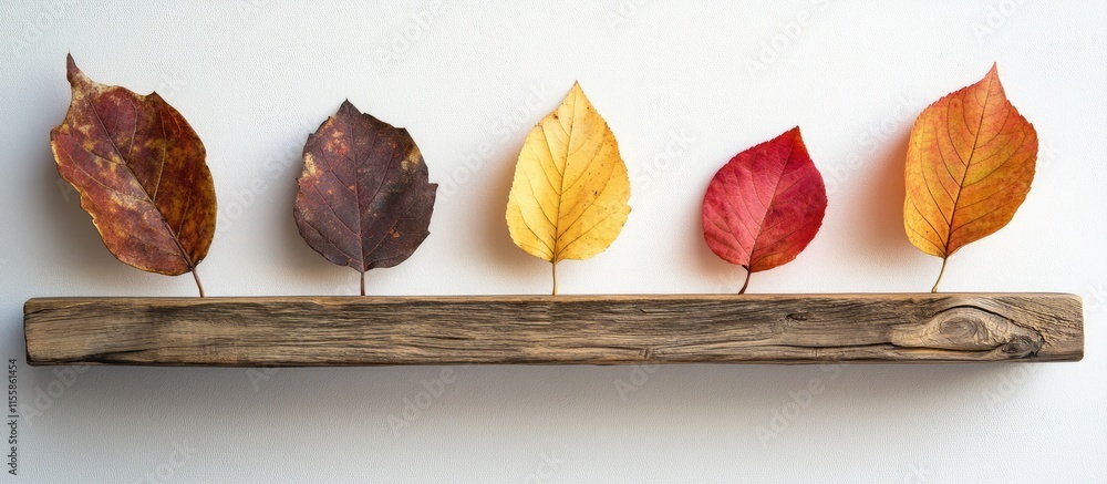 Poster autumn leaves in vibrant colors arranged on a wooden shelf creating a warm seasonal backdrop with em