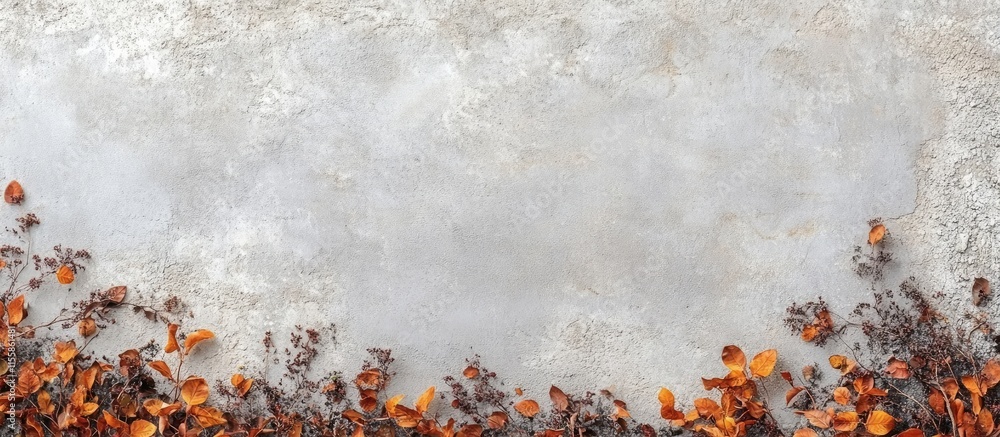 Poster autumn leaves frame on textured gray concrete surface creating a serene background with ample space 