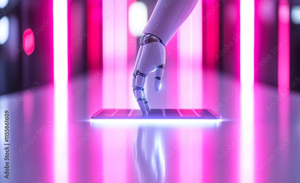 Poster robotic hand interacting with a laptop keyboard in a 3d rendering