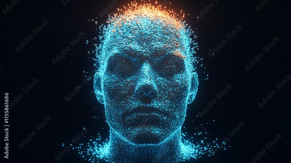 Poster ai head with neural network brain suspended above virtual digital podium. intelligent female avatar 