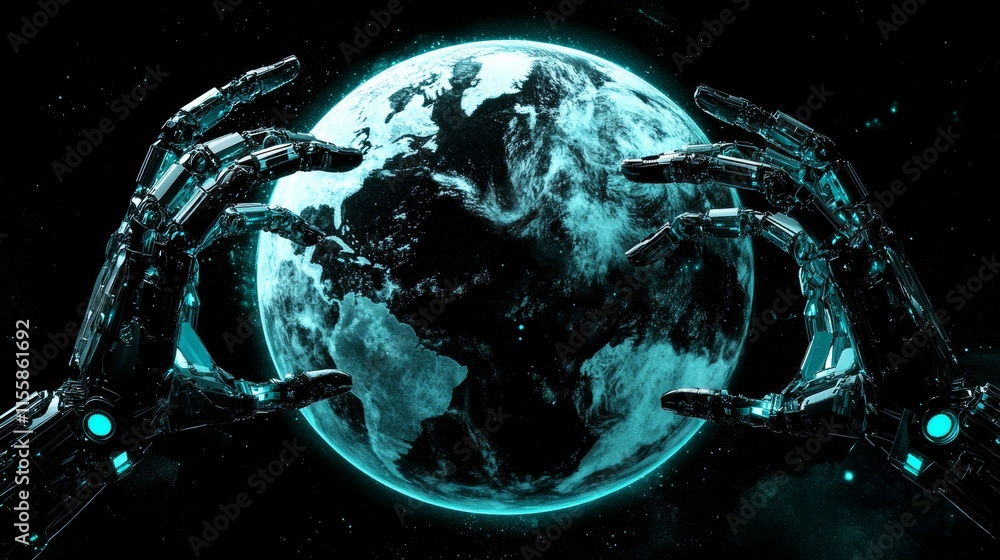 Poster ai research into 3d rendering of robots and cyborgs to envision the future of human life. utilizing 