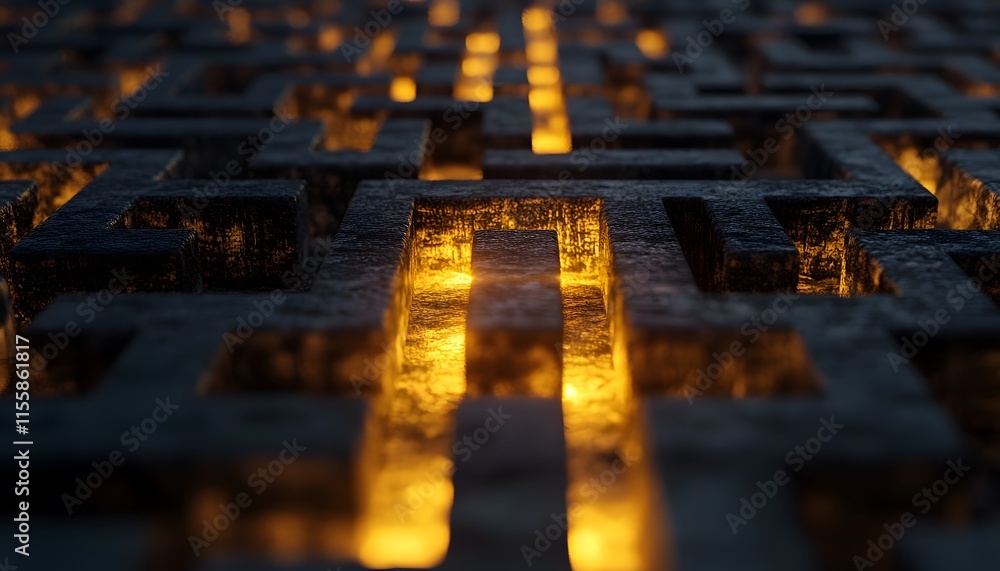 Aufkleber Intricate Maze with Illuminated Pathways Highlighting Depth and Dimension in a Dark Setting, Ideal for Concepts of Navigation and Exploration in Abstract Art