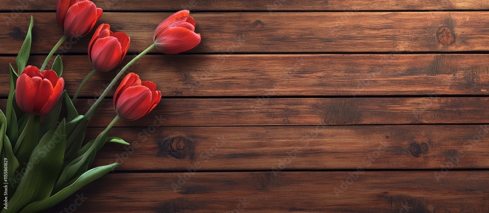 Poster vibrant red tulips on rustic wooden background with ample empty space for personalized text or messa