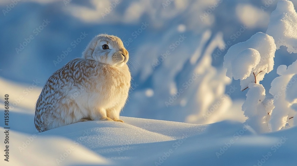 Wall mural Snow-covered rabbit against a vibrant sunset in a winter landscape