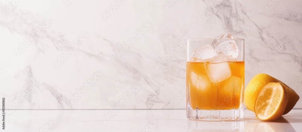 Poster refreshing cocktail with ice and lemon slice on marble background empty space for text
