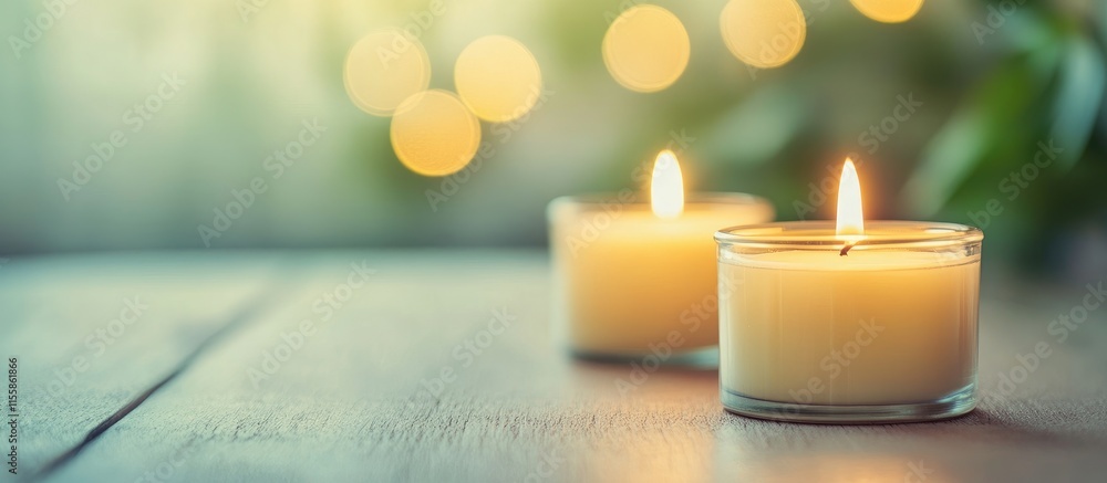 Poster calming candles in a gentle ambiance creating a serene atmosphere with soft bokeh lights and empty s