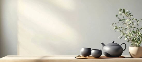 Elegant ceramic teapot and cups on wooden surface with soft lighting and greenery ideal for serene tea time promotions or lifestyle content.