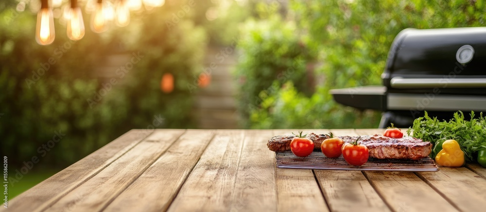 Poster barbecue equipment on table surrounded by fresh ingredients with empty space for text in garden sett