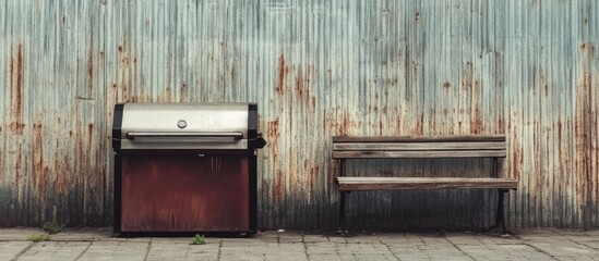 Barbecue Grill and Empty Bench in Rustic Urban Backstreet Ideal for Summer Celebration With Copy Space for Your Text