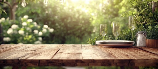 Fototapeta premium Barbecue Party Table Setting with Fresh Decor and Empty Space for Text in a Lush Neighborhood Garden Environment