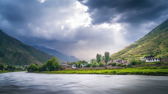 Serene River Valley: A picturesque village nestled amidst rolling hills, bathed in the ethereal glow of a dramatic sky. The river flows gently, creating a sense of tranquility and peace. 