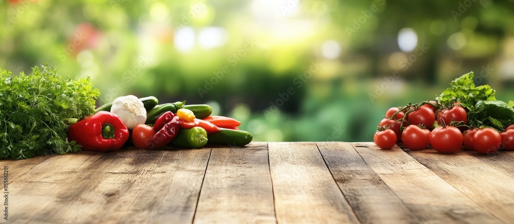 Poster fresh vegetables on wooden table with soft background and empty space for text ideal for summer barb