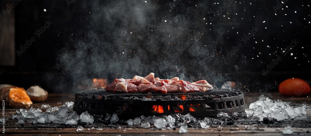 Poster barbecue grill with assorted meats and ice cubes in a smoky setting on wooden tabletop with space fo