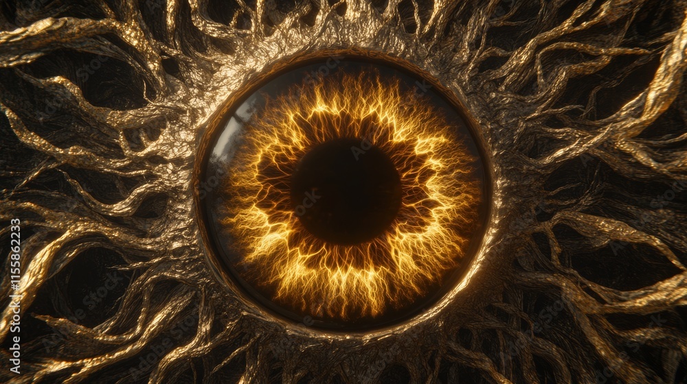 Poster in an animated concept, a human iris is formed as rainbow lines scatter outward from a bright white 
