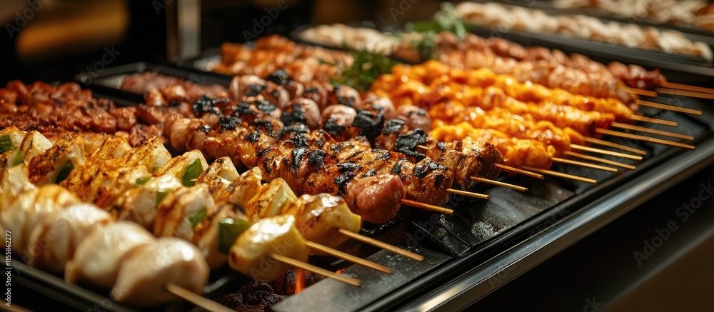 Poster barbecue grill buffet showcasing diverse skewers for celebration with ample space for text on the le