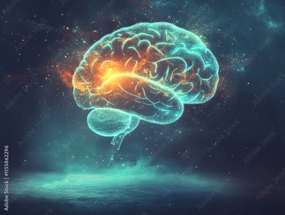Poster Futuristic Digital Brain Concept with Glowing Neon Elements and Cosmic Background Representing Intelligence, Creativity, and Advanced Technology in a Surreal Setting