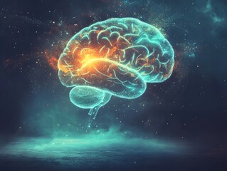 Futuristic Digital Brain Concept with Glowing Neon Elements and Cosmic Background Representing Intelligence, Creativity, and Advanced Technology in a Surreal Setting